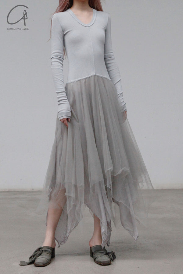 Marc Le Bihan Fake Two-piece Dress Series Three-layer Gauze Silk Skin-friendly Hand-made Plant Dyeing Daily MLB-2832-ZZH Pearl Gray